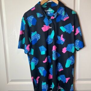 Chubbies Men's Black Polo with Blue and Pink Patterns